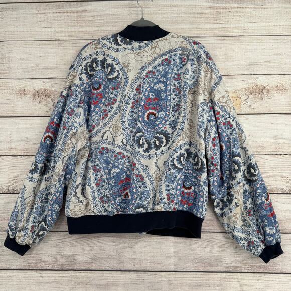 Free People Quilt Lined Floral Full Zip Jacket Womens Large Blue White Beige - Picture 2 of 13